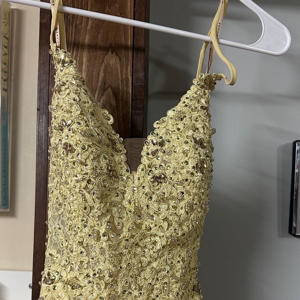 Faviana Yellow Gown with Beaded Lace